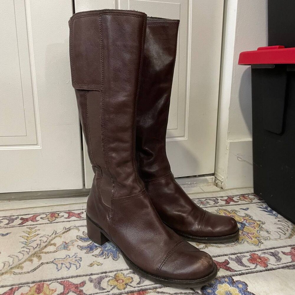 Kenneth Cole Reaction Buddah Belly 9 Brown Leather Knee High Riding Boots Women